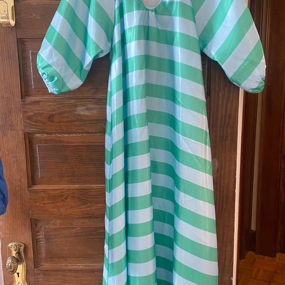 Striped Green and Light Blue Satin Bubble Sleeve Dress - Picture 1 of 3